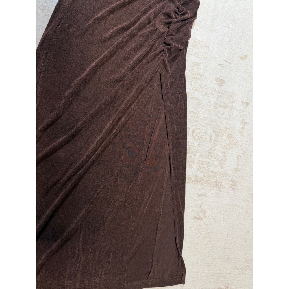 RNWY Brown One Shoulder Ruched Maxi Dress Side Slit Metallic Slinky M US 6 - Picture 5 of 10